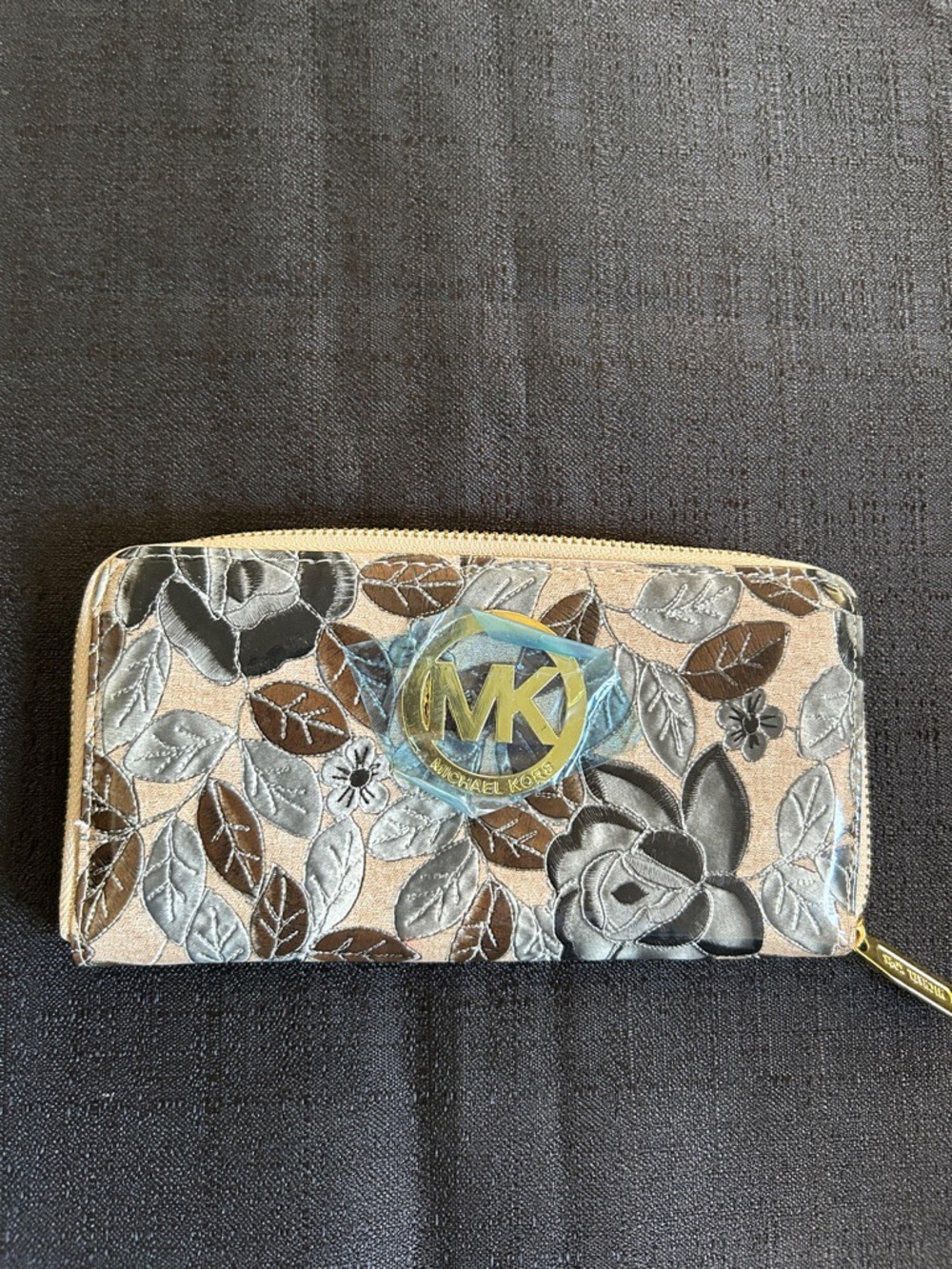 Michael Kors Gold Floral Embroidered Zip Wallet with Black and Brown Accents